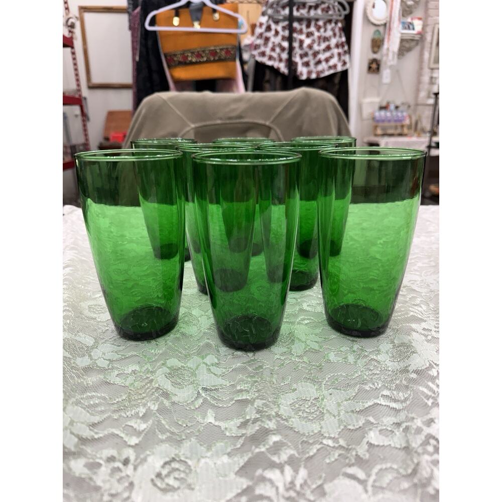 Vintage 8 Anchor Hocking Tapered Glasses Forest Green Depression Glass 5.75” H